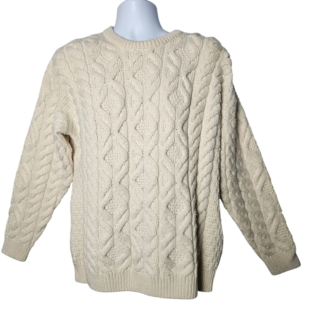 Carraig Donn Mens Merino Wool Aran Cable Sweater L Cream Irish Fisherman